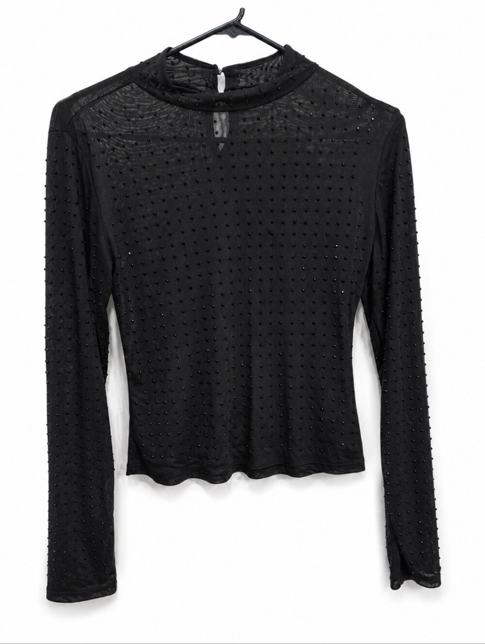 No Boundaries Black Mesh Rhinestone Mock Neck Long Sleeve Top | Medium